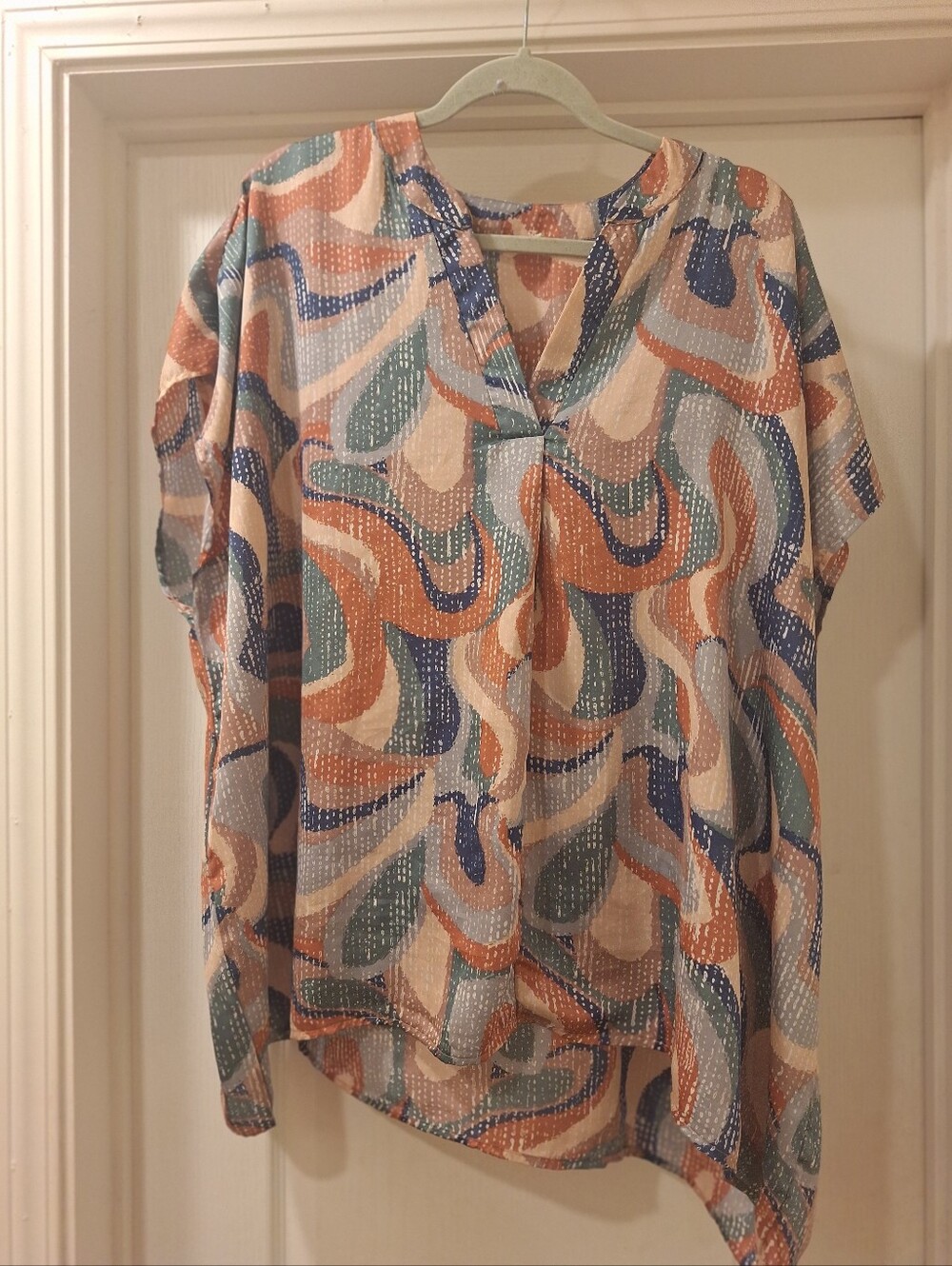 Womens 3X Entro Flowy‎ Multicolor Wave Print V-Neck Blouse - Blue/Peach